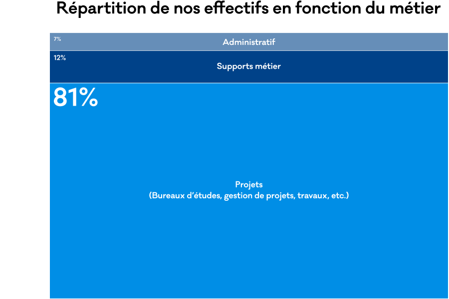 Graphique représentant la répartition des effectifs de Mobility selon la typologie de métiers. 81% des effectifs travaille sur des projets, 12% sont des fonctions supports avec une forte connaissance des métiers de Mobility, 7% des équipes sont dédiées à l'administratif.